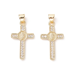 Настоящее золото 18K Латунные микропаве прозрачные подвески с фианитом, долговечный, для религии, с кнопкой на поруки, крест с девственной мари, реальный 18 k позолоченный, 27.5x16x2.5 мм, отверстие : 5.5 мм