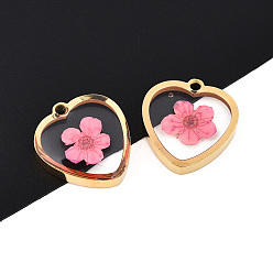 Pink 304 подвески из нержавеющей стали с эпоксидной смолой, Сердце с высушенным цветком, ионное покрытие (ip), реальный 18 k позолоченный, розовые, 16x15x3~4 мм, отверстие : 0.8~0.9 мм