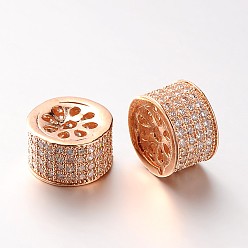 Rose Gold Brass Micro Pave Cubic Zirconia Column Beads, Cadmium Free & Lead Free, Clear, Rose Gold, 6x9mm, Hole: 1mm