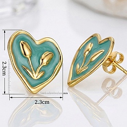 Medium Sea Green 304 Stainless Steel Enamel Stud Earrings, Heart, Golden, Medium Sea Green, 23x23mm