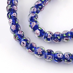 Blue Handmade Rondelle Gold Sand Inner Flower Lampwork Beads, Blue, 10~11x8mm, Hole: 1.5~2mm