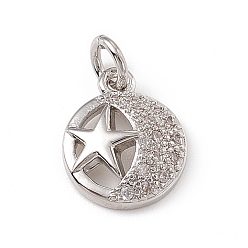 Platinum Brass Micro Pave Cubic Zirconia Charms, with Jump Rings, Flat Round with Star & Moon Pattern Charm, Platinum, 12x9.5x3mm, Hole: 3mm 