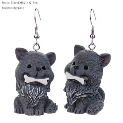 Slate Gray Iron & Resin Dangle Earrings for Women, Dog, Slate Gray, 29x21mm