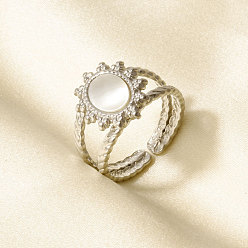 Нержавеющая Сталь Цвет 304 Открытые кольца-манжеты из нержавеющей стали с натуральными ракушками для женщин, солнце, цвет нержавеющей стали, 14 мм, внутренний диаметр: 17 мм