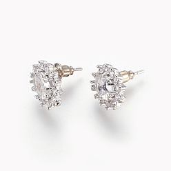 Platinum Cubic Zirconia Stud Earrings, with Brass Findings, Oval, Clear, Platinum, 13x10.5x4mm, Pin: 0.8mm