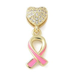 Сердце Латунные микро проложить кубического циркония подвески, розовые ленточки-подвески для повышения осведомленности, с эмалью, стойки покрытие, долговечный, без свинца и без кадмия, реальный 18 k позолоченный, сердце, 21 мм, отверстие : 5.5x1 мм