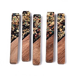 Черный Подвески из непрозрачной смолы и орехового дерева, прямоугольник амулеты, с блестящей пудрой и золотой фольгой, чёрные, 51.5~52x7~7.5x3~4 мм, отверстие : 2 мм