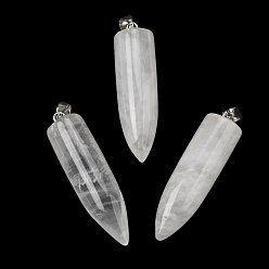 Хрусталь Натуральные кристаллы с кварцевым кристаллом, Подвески в форме пули из горного хрусталя с 304 защелкивающимися креплениями из нержавеющей стали, цвет нержавеющей стали, 45x11.5~12 мм, отверстие : 7x4 мм