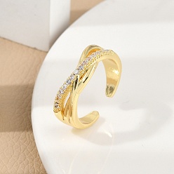Настоящее золото 18K Кольца-манжеты из латуни с микропаве из кубического циркония, кольца крест-накрест для женщин, долговечный, без кадмия и без свинца, реальный 18 k позолоченный, 7 мм, регулируемый