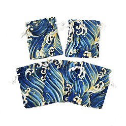 Королевский синий Мешковины упаковочные пакеты, шнурок сумки, прямоугольник с узорами морских волн, королевский синий, 13.5~14x10~10.5x0.5 см