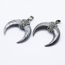 Серый Подвески из раковины, С обретением латуни и горный хрусталь, двойной рог / полумесяц, металлический черный , серые, 37~38x34~35x8~11 мм, отверстие : 5x8 мм