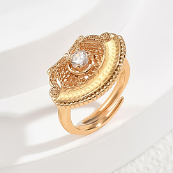 Прозрачный Регулируемые кольца для женщин с латунным паве из кубического циркония, форма вентилятор, золотые, прозрачные, 20x14 мм