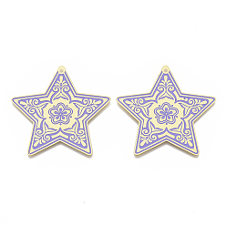 Lilac Brass Enamel Big Pendants, Etched Metal Embellishments, Matte Gold Color, Star with Flower, Lilac, 50x50x0.3mm, Hole: 1.6mm