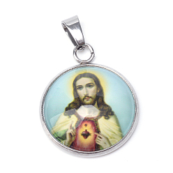 Mixed Color Jesus Theme Glass Pendants, with 201 Stainless Steel Findings, Flat Round, Mixed Color, 26.5x22x6.5mm, Hole: 6x4mm