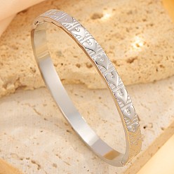 Stainless Steel Color 304 Stainless Steel Embossed Heart Hinged Cuff Bangles for Women, Tarnish Free, Stainless Steel Color, Inner Diameter: 2.36x1.97 inch(6x5cm)