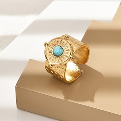 Круглые Кольца из натуральной бирюзы, 304 открытые манжеты из нержавеющей стали, реальный 18 k позолоченный, круглые, плоско-круглые: 18x18 mm, регулируемый