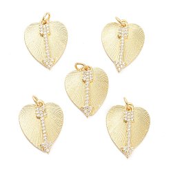 Прозрачный Латунные микро проложить кубического циркония подвески, долговечный, реальный 18 k позолоченный, сердце со стрелами, прозрачные, 19x16x1 мм, отверстие : 3.5 мм