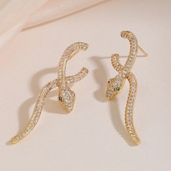 Золотой Серьги-гвоздики в форме змеи из латуни с кубическим цирконием для женщин, золотые, 43x12.5 мм