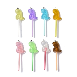 Mixed Color Luminous Translucent Resin Big Pendants, with Platinum Tone Iron Loops, Plastic, Glow in the Dark Dinosaur Lollipop Charm, Mixed Color, 69x14.5x23mm, Hole: 1.8mm