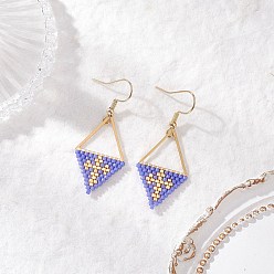 Розовато-лиловый Серьги-подвески из ромбовидного бисера ручной работы, с 304 нержавеющей стали серьги крючки, ромб, золотые, розовато-лиловый, 47x19 мм