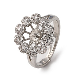 Платина Оправы для колец-манжет из цветочной латуни с микропаве из прозрачного кубического циркония, за половину пробурено бисера, без кадмия и без свинца, платина, лоток : 7.5 мм, штифты : 1 мм, размер США 7 1/4 (17.5 мм)