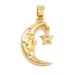 Золотой Подвески с подвесками из латуни с микропаве из кубического циркония в лунной тематике, долговечный, без свинца и без кадмия, золотые, 20x11.5x3.5 мм, отверстие : 3.8x3 мм