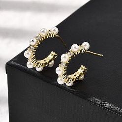 Настоящее золото 18K Серьги-гвоздики в форме буквы С из латуни с прозрачным кубическим цирконием, с пластмассовой жемчужиной abs, без кадмия и без свинца, долговечный, стойки покрытие, реальный 18 k позолоченный, 17.5x3 мм