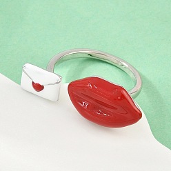 Platine Bagues ouvertes en laiton pour femmes, lèvres avec enveloppe, avec l'émail, sans cadmium et sans plomb, crémaillère plaquage, platine, 2mm, diamètre intérieur: 18 mm