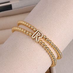 Letter R Браслеты из латуни с микропаве из прозрачных кубических циркониевых бусин, двойные нити, эластичные, для женщин, буква и круг, золотые, Буква R, 6.69 дюйм (17 см)