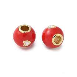 Красный Латунь эмаль бисера, стойки покрытие, без свинца и без кадмия, долговечный, круглые с сердцем, реальный 18 k позолоченный, красные, 8 мм, отверстие : 3 мм