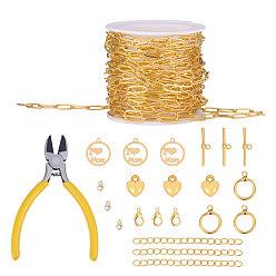 Golden DIY Bracelets & Necklaces Making Kits, include Brass Paperclip Chains & Toggle Clasps & Lobster Claw Clasps, Brass Cubic Zirconia & CCB Plastic Charms, Golden, 11x4.3x0.7mm, 5m/set