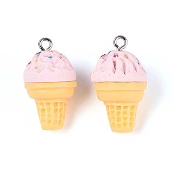 Pink Непрозрачные подвески смолы, мороженое, с платиновым тоном железная петля, розовые, 25.5~27x14.5~16 мм, отверстие : 2 мм