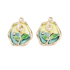 Champagne Gold Латунная эмаль и натуральный жемчуг овальные с подвесками в виде цветка розы, с четким кубического циркония, 18 к позолоченные, шампанское золото, 21.5x17.5x5 мм, отверстие : 1.6 мм