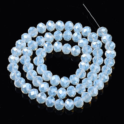 Light Blue Electroplate Glass Beads Strands, Imitation Jade Beads, Pearl Luster Plated, Faceted, Rondelle, Light Blue, 6x5mm, Hole: 1mm, about 85~88pcs/strand, 16.1~16.5 inch(41~42cm)