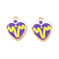 Blue Violet Printed Brass Pendants, Heart with Heartbeat Pattern Charms, Rack Plating, Long-Lasting Plated, Lead Free & Cadmium Free, Real 18K Gold Plate, Blue Violet, 20.5x17x5mm, Hole: 1.9mm