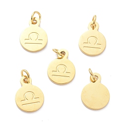 Libra Golden Plated 304 Stainless Steel Charms, Flat Round with Constellations Pattern, Libra, 13.5x10x1mm, Jump Ring: 5x1mm, Hole: 3mm