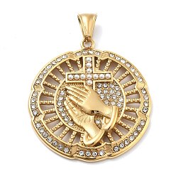 Золотой 304 подвески в виде креста с молящимися руками из нержавеющей стали со стразами, с пластиковой жемчужины, ионное покрытие (ip), золотые, 46.5x42.5x4.5 мм, отверстие : 9.5x4.5 мм