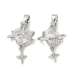 Платина Латунные микропаве прозрачные подвески с фианитом, без кадмия, без никеля и без свинца, прямоугольник со звездными подвесками, платина, 21.5x13.5x8 мм, отверстие : 3x4 мм