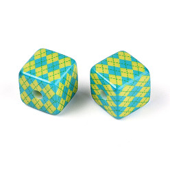 Весенне-зеленый Печатные непрозрачные акриловые бусины, куб с ромбовидным узором, весенний зеленый, 14.5~15x14.5~15x14.5~15 мм, отверстие : 3.8 мм