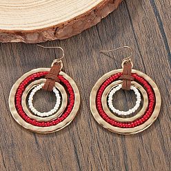 Белый Плоские круглые серьги из сплава стеклянных бусин, с искусственной кожей, золотые, белые, 65x45 мм