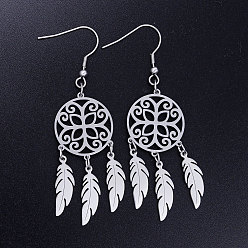 Stainless Steel Color Tarnish Resistant 201 Stainless Steel Chandelier Earrings, Woven Net/Web with Feather, Stainless Steel Color, 70x20mm, Pin: 0.7mm