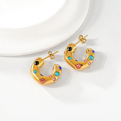 Real 18K Gold Plated & Gunmetal 304 Серьги-гвоздики в форме буквы С со стразами из нержавеющей стали, с имитацией жемчуга, настоящее золото 18 k и бронза, 18x18 мм