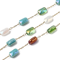 Настоящее золото 18K Ручная работа 304 цепочки из нержавеющей стали с прямоугольными гальваническими стеклянными бусинами, пайки, красочный, ионное покрытие (ip), реальный 18 k позолоченный, 7x4.5x3 мм