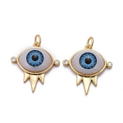 Синий Латунные микропаве прозрачные подвески с фианитом, с акрилом и прыжковым кольцом, долговечный, глаз, реальный 18 k позолоченный, синие, 21x20x7 мм