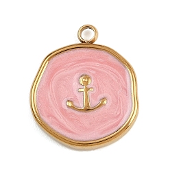 Pink 304 нержавеющей стальной эмали подвески, ионное покрытие (ip), золотые, плоские круглые с якорем, розовые, 18x15.5x3 мм, отверстие : 1.8 мм