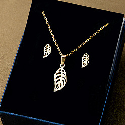 Лист 304 комплекты из ожерелий и серег-гвоздиков из нержавеющей стали, золотые, лист, 460~500 мм