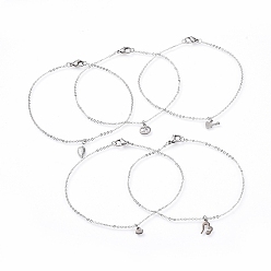 Platinum Soldered Brass Cable Chains Anklets, with 304 Stainless Steel Charms, Mixed Shapes, Platinum, 9-1/4 inch(23.5cm), 1.5mm