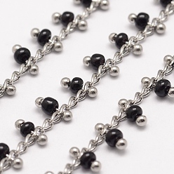 Black Handmade Seed Beaded Chains, Soldered, with Spool, with Brass Findings, Black, 6x2~3mm, about 32.8 Feet(10m)/roll
