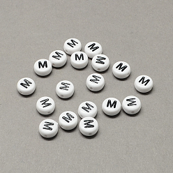 Letter M White and Black Acrylic Horizontal Hole Letter Beads, Flat Round with Letter.M, 7x4mm, Hole: 1.3mm, about 3600pcs/500g