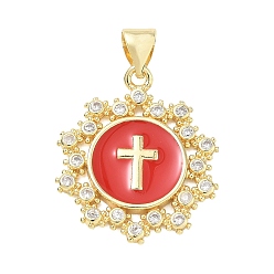 Red Religion Cross Brass Micro Pave Clear Cubic Zirconia Pendants, Flower Charms with Enamel, Lead Free & Cadmium Free, Long-Lasting Plated, Rack Plating, Real 18K Gold Plated, Red, 22x19x2mm, Hole: 5x3.5mm
